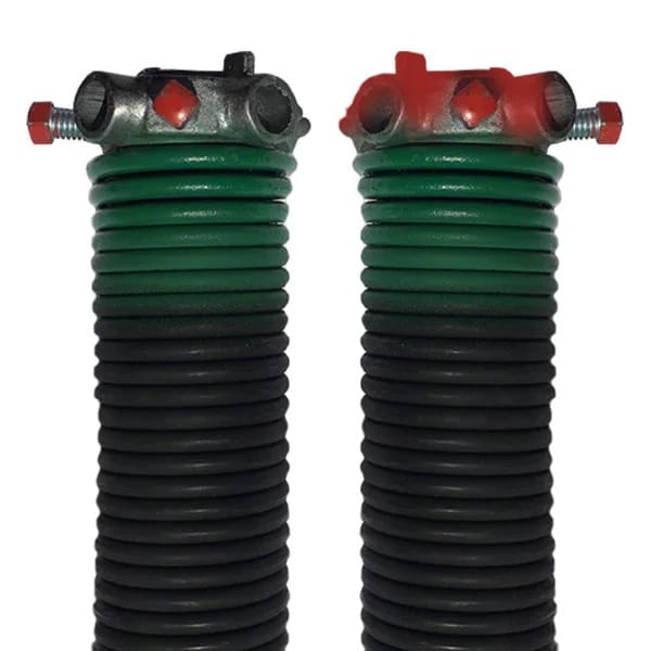 Torsion spring for garage doors with green top to identify its size.