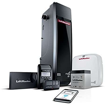 Black liftmaster jackshaft garage door opener with all garage door opener accessories listed below including garage door opener wallmount, garage door opener remote, and smart garage door opener app.