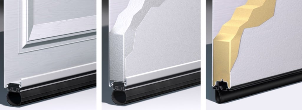 Insulated steel garage door graph showcasing one steel garage door without insulation, one with one layer of insulation, one with one layer of insulation with steel on the front and back of the door