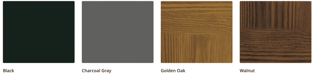 Steel garage door colors in black, charcoal gray, golden oak, and walnut