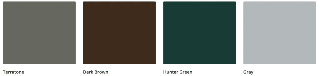 Steel garage door colors in terratone, dark brown, hunter green, and grey