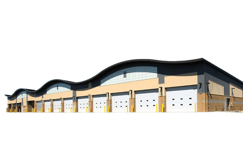 Image shows commercial steel overhead doors installed on a commercial warehouse
