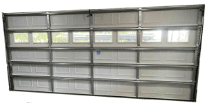 Back of a steel, non-insulated garage door showing no insulation on the back of the door