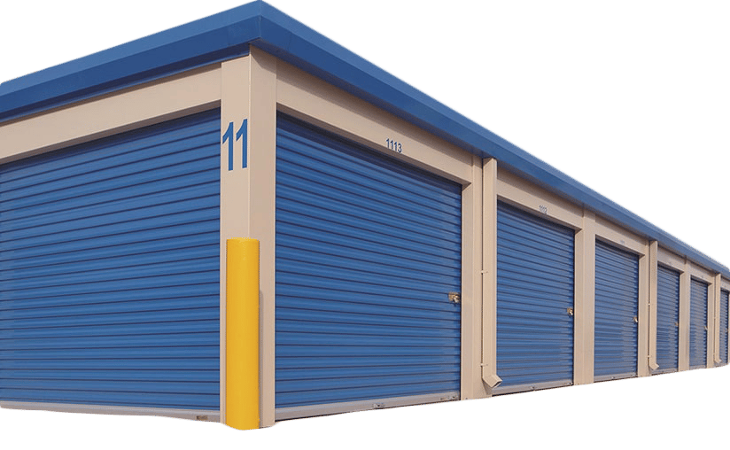 Image displays storage facility with options of rollup steel overhead doors