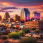 View of the city of abilene, texas during sunset. You can see tall buildings, cactus, and arid desert surrounding the city.