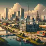 Here is the hero image of beaumont, texas, showcasing its unique character and landmarks with tall buildings, historical district and bridges.